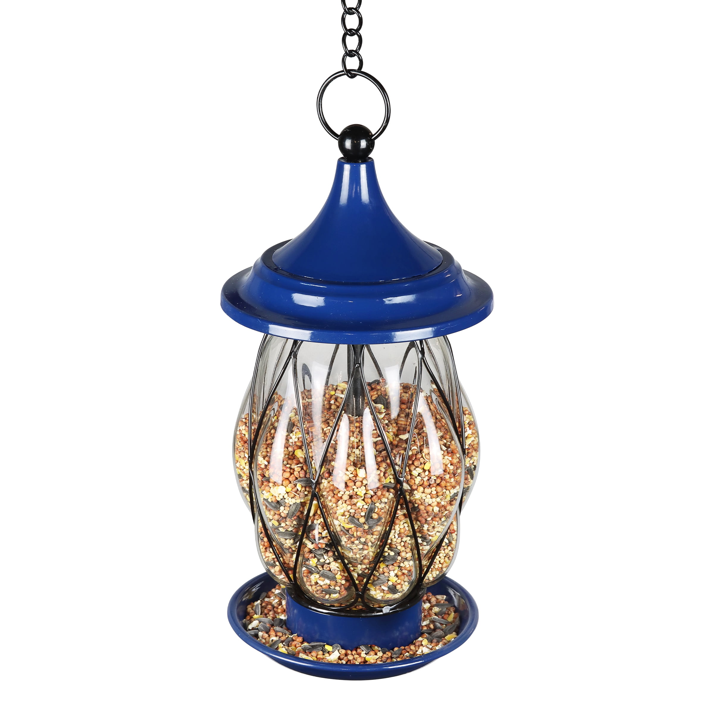 Blue Metal and Glass Hanging Bird Feeder with Wire Cage