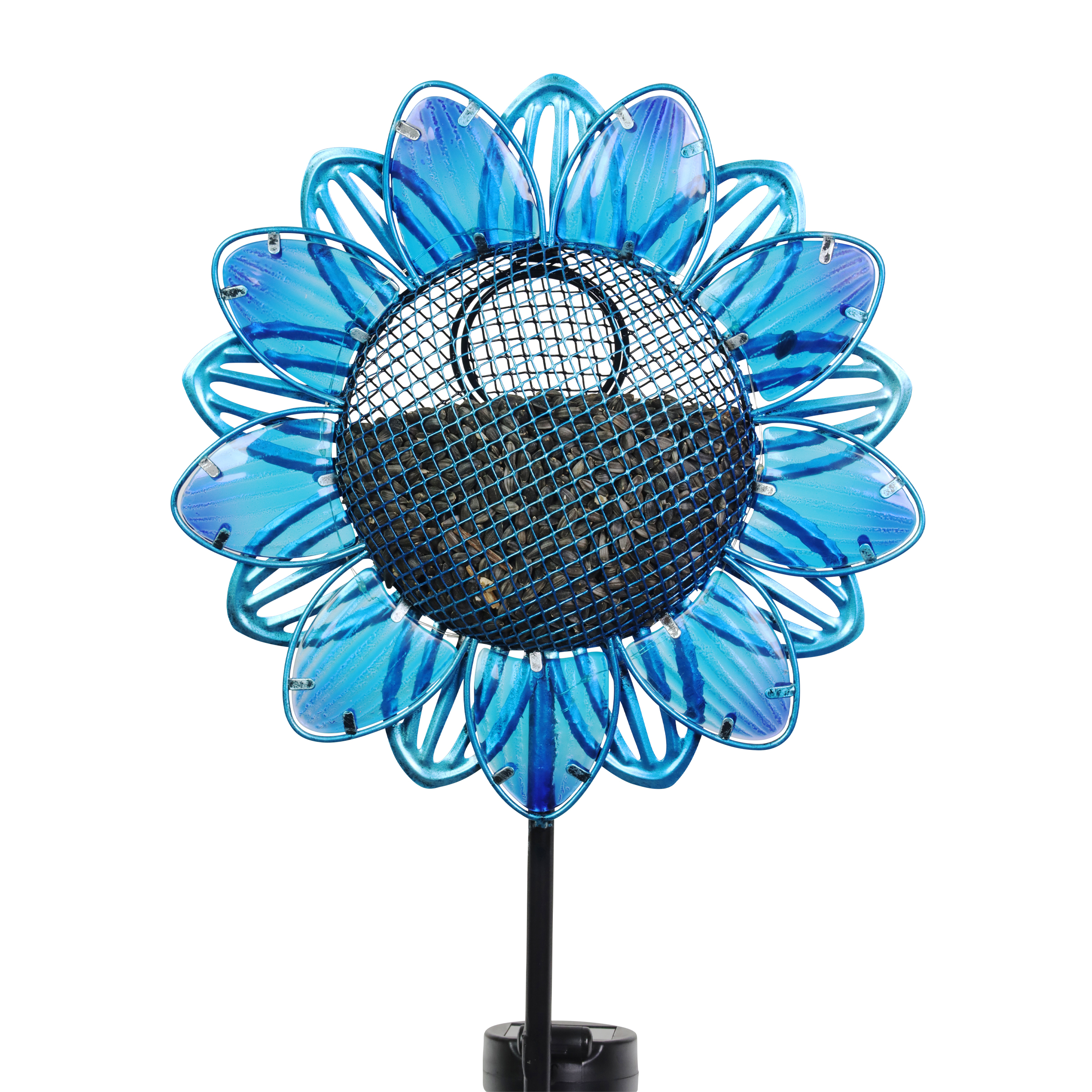 Exhart  Blue Sunflower Metal and Glass Bird Seed Feeder Solar Powered Garden Stake, 11 by 36 inches - image 1 of 7