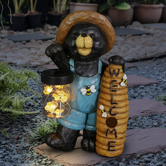 Exhart Garden Statue, Solar Black kklfec Garden Sculpture with Welcome Beehive Sign, LED Bumblebees Jar, Outdoor Lawn and Yard Decoration, 7.5 x 6 x 12.5 Inch