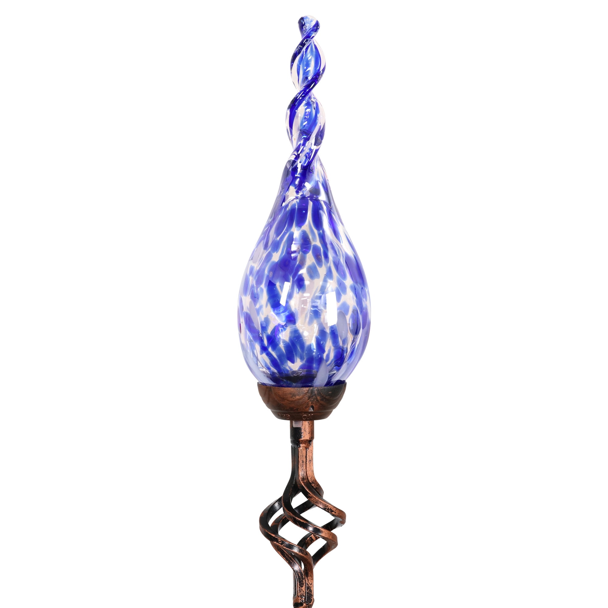 Blue Hand Blown Glass Flame Garden Stake with Metal Finial