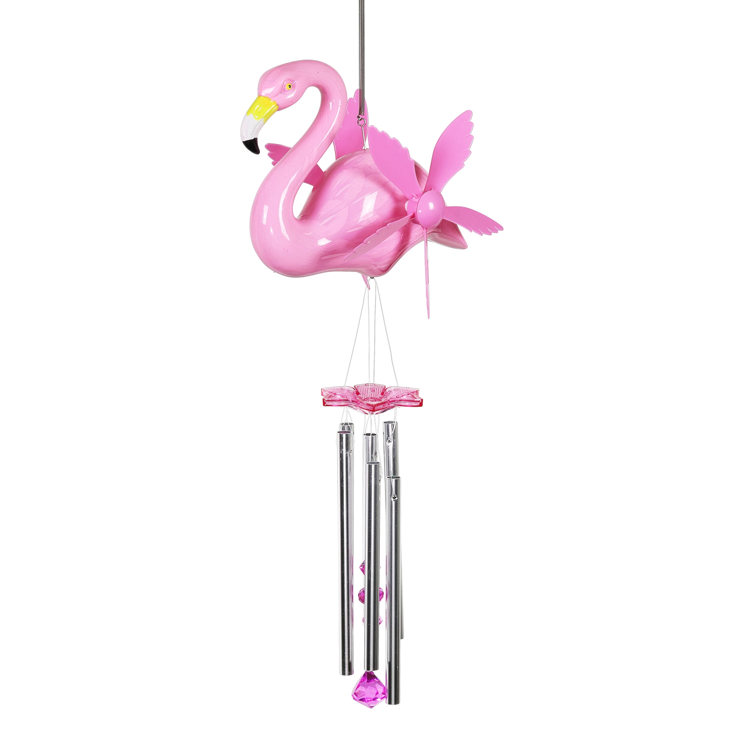 Large Pink Flamingo Wind Chime with Spinning Wings