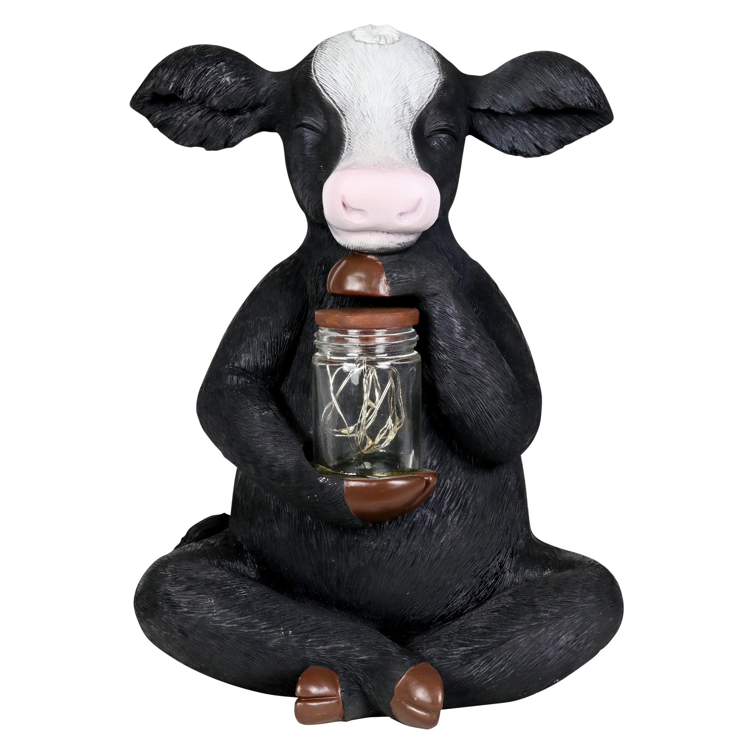 Black and White Resin Cow Garden Statue with Solar Firefly Jar
