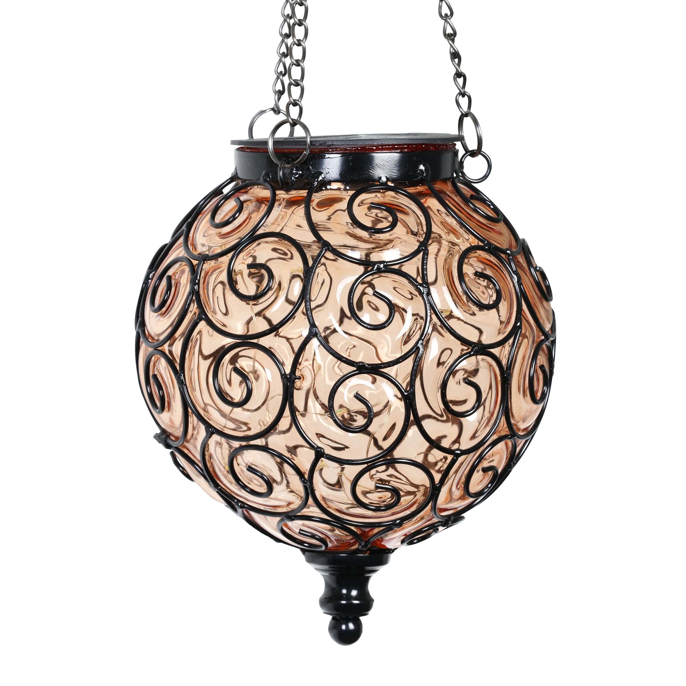 Amber Glass and Metal Solar Hanging Lantern with Scroll Design