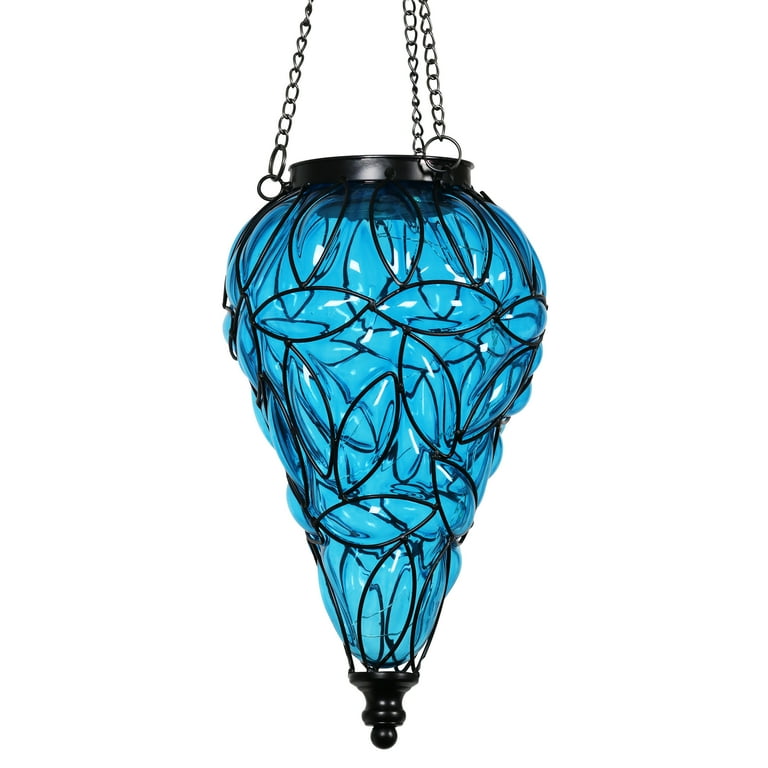 Exhart Solar Tear Shaped Glass and Metal Hanging Lantern in Green with 15 LED Fairy Firefly String Lights, 7 by 24 inches