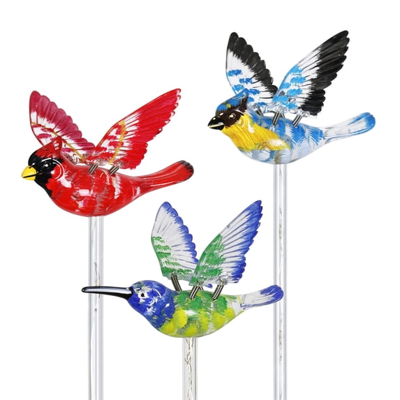 Exhart WindyWing Solar Powered Garden Stake Set of Cardinal, Hummingbird and Blue Bird with Colored LED Lights, 4 by 27 inch, Plastic, Multicolor