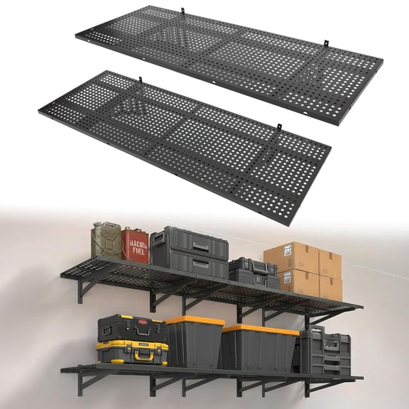 2-Pack Heavy Duty Adjustable Garage Wall Shelving, 520 lbs Load Capacity, 1.64x4 ft shelf for wall Garage Shelving unit Wall Mounted, Floating Storage Rack with Hooks
