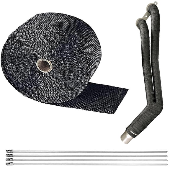 Exhaust Heat Wrap Roll, Bexikou 1 Rolls 2" x 16.4ft Black Fiberglass Heat Shield Tape with 4Pcs Self-Locking Stainless Ties for Motorcycle Car Truck Exhaust Pipes