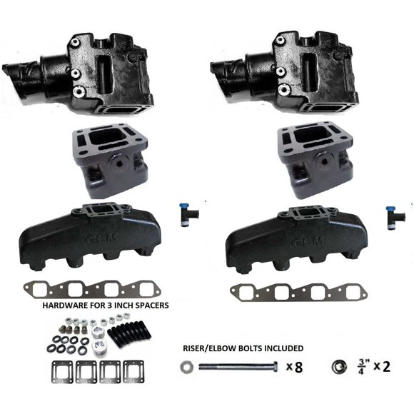 Exhaust Manifold Riser / Elbow Set Compatible with Mercruiser 7.4, 8.2, 454, 502 with 3 Inch Spacers by FASWORX