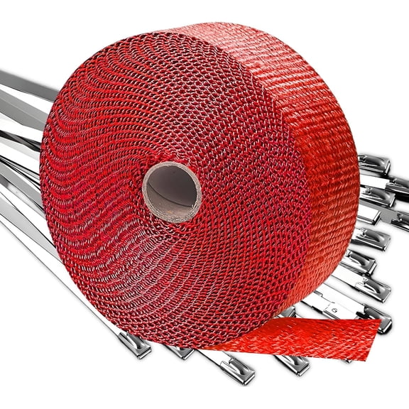 Exhaust Wrap, Heat Wrap for Exhaust Pipes, Header Wrap,Exhaust Heat Wrap Roll For Motorcycle Fiberglass Heat Shield Tape With 10 Pcs Stainless Ties | Universal (Red, 2" x 16.4')