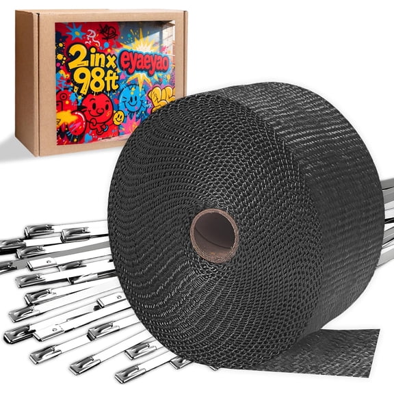 Exhaust Wrap | Titanium Exhaust Heat Wrap | Header Wrap | Heat Shield Tape with 20 PCS 11.8 Inch Stainless Steel Ties for Motorcycle Car Truck (Black, 2" x 98')