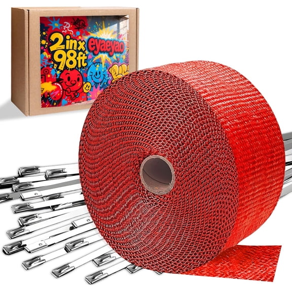Exhaust Wrap | Titanium Exhaust Heat Wrap | Header Wrap | Heat Shield Tape with 20 PCS 11.8 Inch Stainless Steel Ties for Motorcycle Car Truck (Red, 2" x 98')