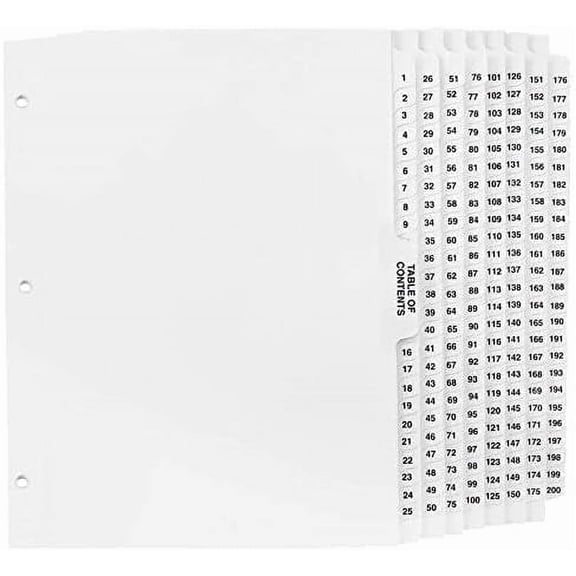 Exhibitindexes® Numbered Dividers 1-200 Punched - AVE Style Bold Tabs - Side Collated Exhibit Tab - Made in The USA