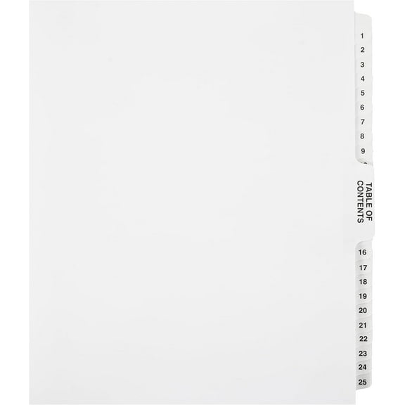 Exhibitindexes Numbered Dividers 1-25 with Table of Contents Bold Tabs