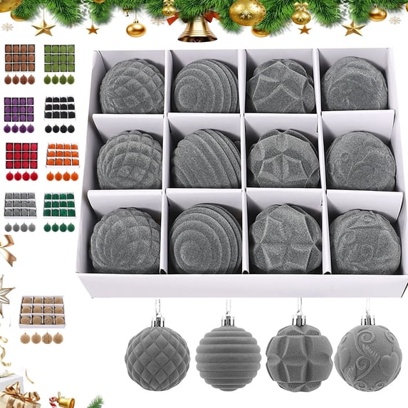 Exhoden 12pcs Gray Velvet Christmas Tree Ornaments Flocked, For Christmas Tree Pendant Plastic Painted 3.14 Inch Shatterproof Flocked Christmas Tree Hanging Pendant For Party Decoration
