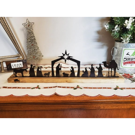 Exhoden 1Pcs Christmas Decorations Nativity Scene Nativity,Sets for Christmas Indoor Black Metal Nativity Set,with Wood Base Jesus Nativity Candle Holders Rustic Xmas Decorations for Winter Holiday