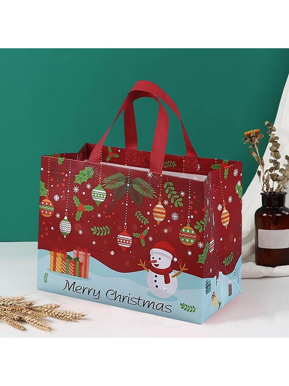 Christmas Large Tote Bags with Handles, Reusable Gift Bag, Non-Woven Grocery Shopping Bag, Retro Red Green Water proof Christmas Reusable Grocery Bags Multipurpose Non woven Large Gift Bag
