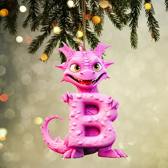 Exhoden Christmas Pink Dinosaur Ornament For Kids 26 Letter, Assorted Dinosaur Decorative Hanging,Acrylic Flat Christmas Initial Animal Pendant Diy Crafts For Xmas Tree Dinosaur Decoration Party