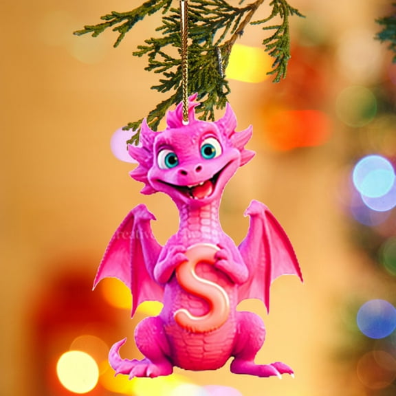 Exhoden Christmas Pink Dinosaur Ornament For Kids 26 Letter, Assorted Dinosaur Decorative Hanging,Acrylic Flat Christmas Initial Animal Pendant Diy Crafts For Xmas Tree Dinosaur Decoration Party