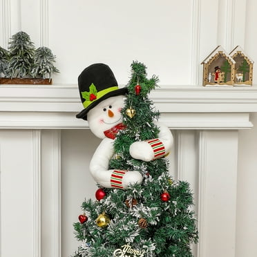 Exhoden Mini Christmas Tree Topper,Christmas Tree Star Topper With Lights，Christmas Xmas Tree Toppers Top Decoration Plush Santa Claus Snowman Topper Hugging Tree Topper