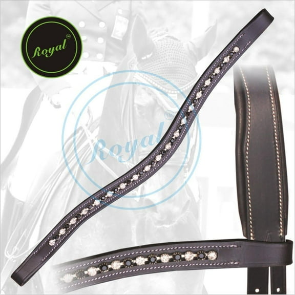 Exion Horse Browband For English Bridle | Curved Shape Padded Equestrian Browband For Show & Dressage | Black & White Crystal Browband For Horses