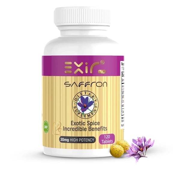 Exir Saffron Supplement Eye Mood Heart & Stress Support High Potency 30-mg Saffron wtih Safranal Memory Energy Digestive & well being, 120 Tablets
