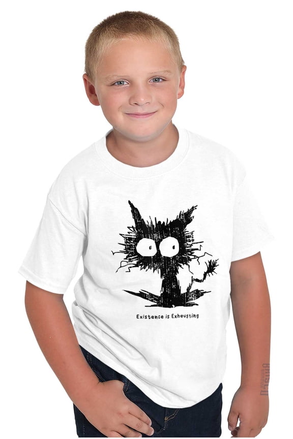 Existence is Exhausting Kitten Joke Crewneck T Shirts Boy Girl Teen Brisco Brands S