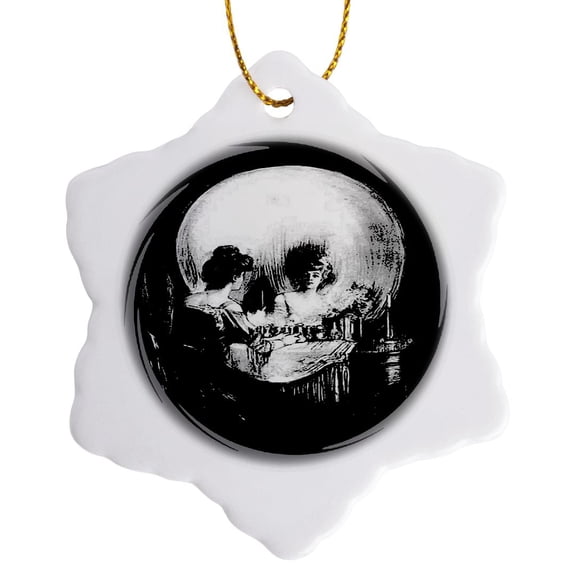 3drose, Existential Dread Op Art Woman and Skull Reflection, 3 inch Snowflake Porcelain Ornament