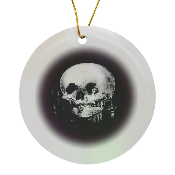 3drose, Existential Dread Op Art Woman and Skull Reflection, Circle Porcelain Ornament