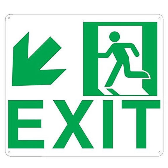 Exit Arrow Left Down sign (Glow In the dark sign - Photoluminescent ,High Intensity, ALUMINIUM 9x10 ,Rust Free )