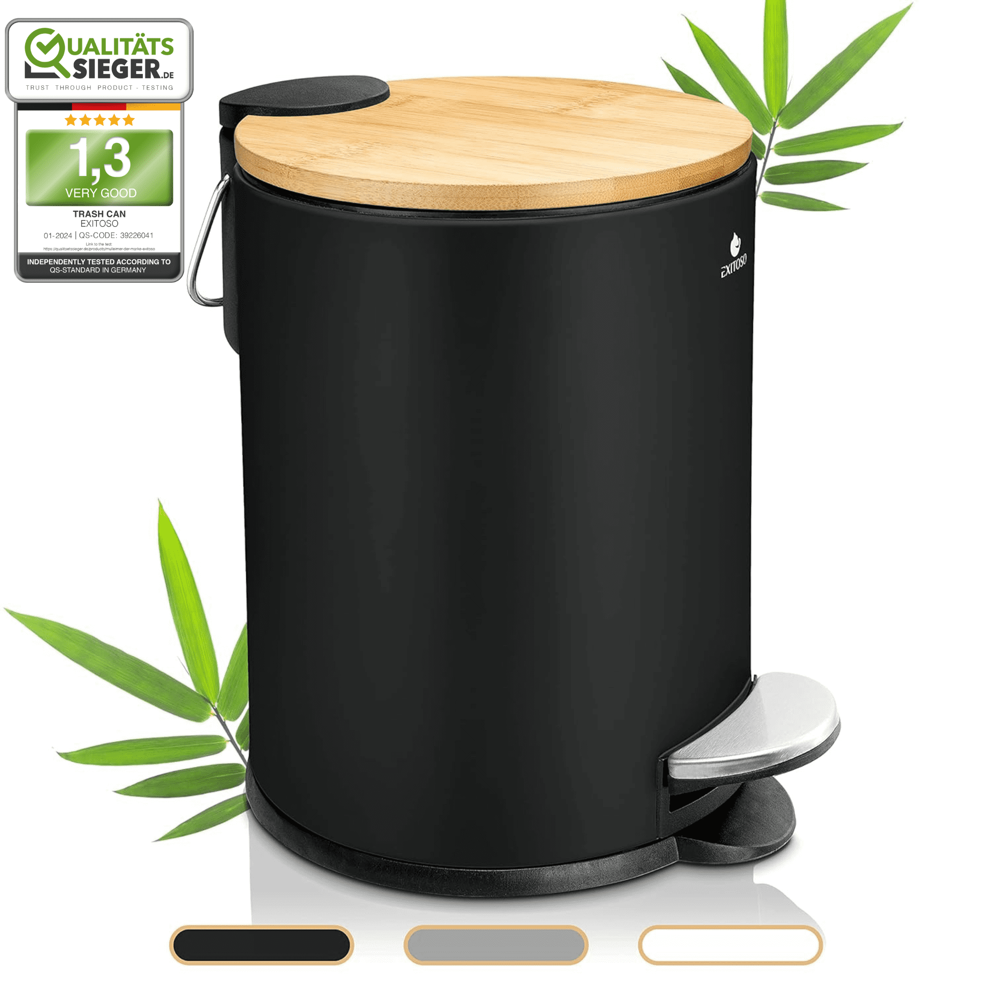 Exitoso® Bathroom Trash Can with Lid - Quiet Soft Close, Bamboo Lid, 0.8 gal (Black) - Walmart.com