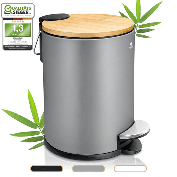 Exitoso® Bathroom Trash Can with Lid - Quiet Soft Close, Bamboo Lid, 0.8 gal (Gray)