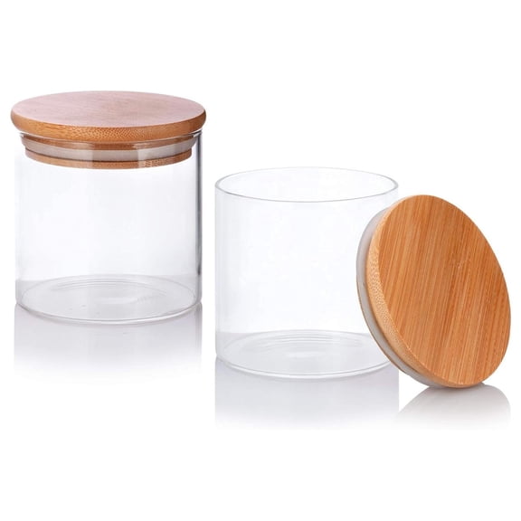 Exlonjet 10 oz Clear Glass Borosilicate Jar with Wooden Bamboo Lid (2 Pack)