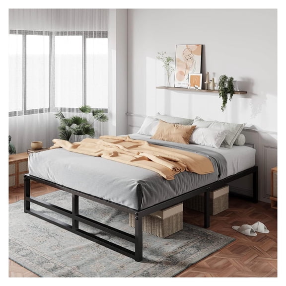 Exlonjet 14'' Metal Platform Queen Bed Frame with Strong Steel Slats Support/Sufficient Storage Space/Mattress Foundation/No Box Spring Needed/Easy Assembly