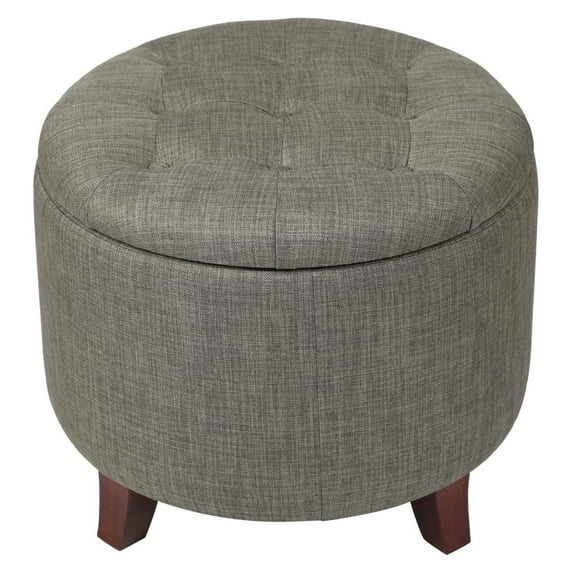 Exlonjet 17" Height Round Storage Ottoman, Modern Linen Fabric Cushion Footstool with Removable Lid and Wooden Legs for Bedroom Living Room, Coffee Brown