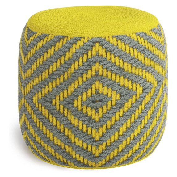Exlonjet 18 Inch Boho Round Woven Outdoor/ Indoor Pouf in Grey and Yellow Recycled PET Polyester, For the Living Room, Bedroom and