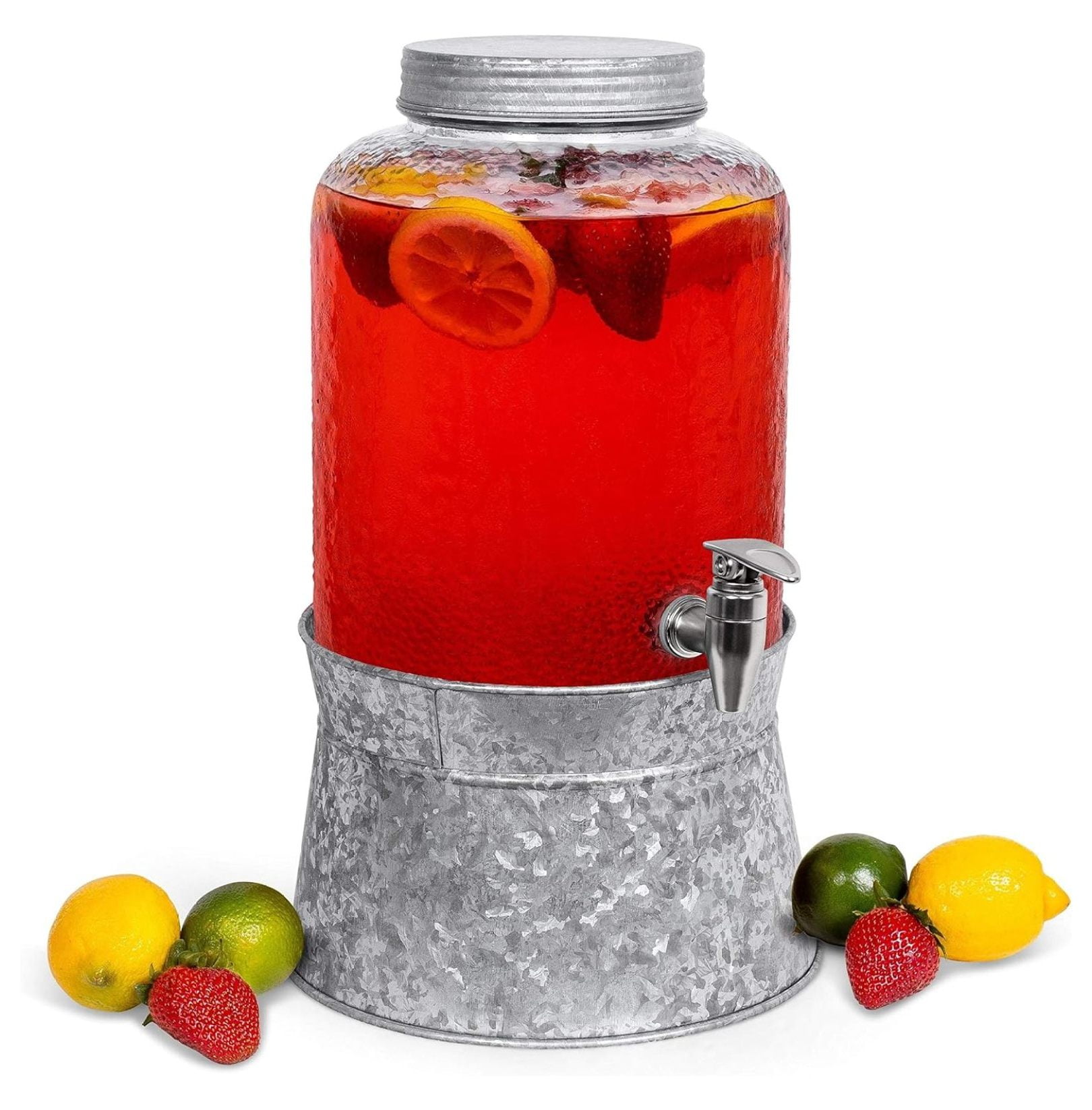 Exlonjet 2.5 Gallon Pebbled Glass Beverage Dispenser with Galvanized Stand - Lid - Spigot - Decorative Round Jar for Drinks - Lemonade Sangria Tea Water Drink Jar Jug - Home Parties