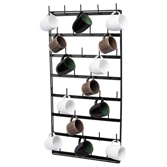 Exlonjet 36 Peg Mug Rack for Wall - 8 Tier Coffee, Tea Cup Storage Holder - Coffee Bar Display Décor - Decorative Kitchen Organizer - Heavy Duty - Flat Black Metal Steel
