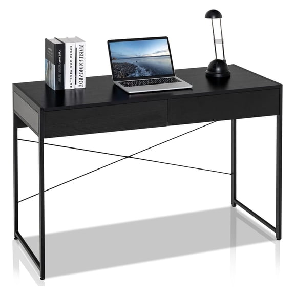Exlonjet 44 inch Computer Desk with 2 Storage Drawers, Home Office Desk with Steel Frame, Simple Study Writing Workstation, Makeup Vanity Console Table for Living Room, Bedroom & Study (Black)