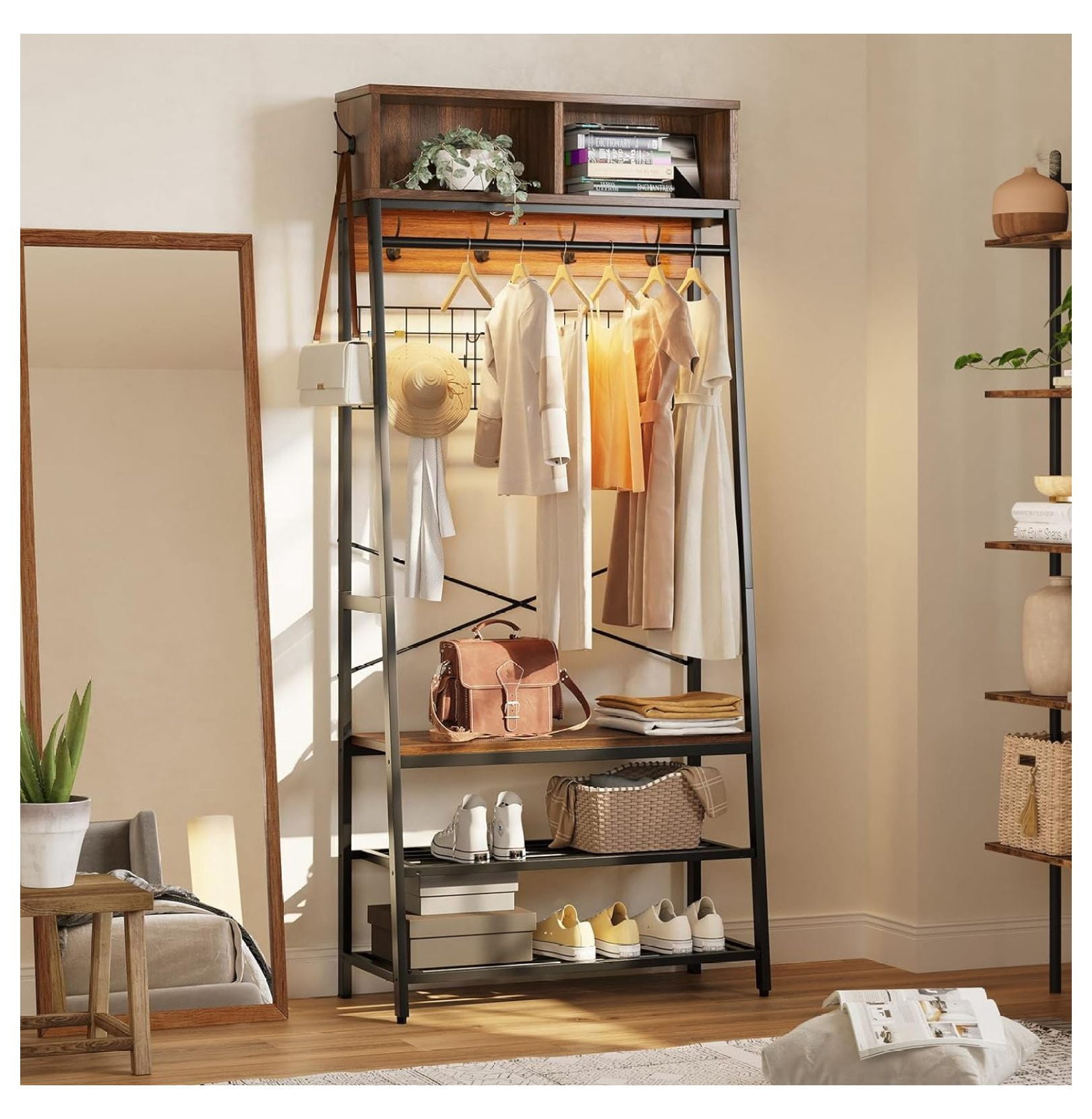 Exlonjet 5-in-1 Entryway Coat Rack, Hall Tree with LED Lights, Coat ...