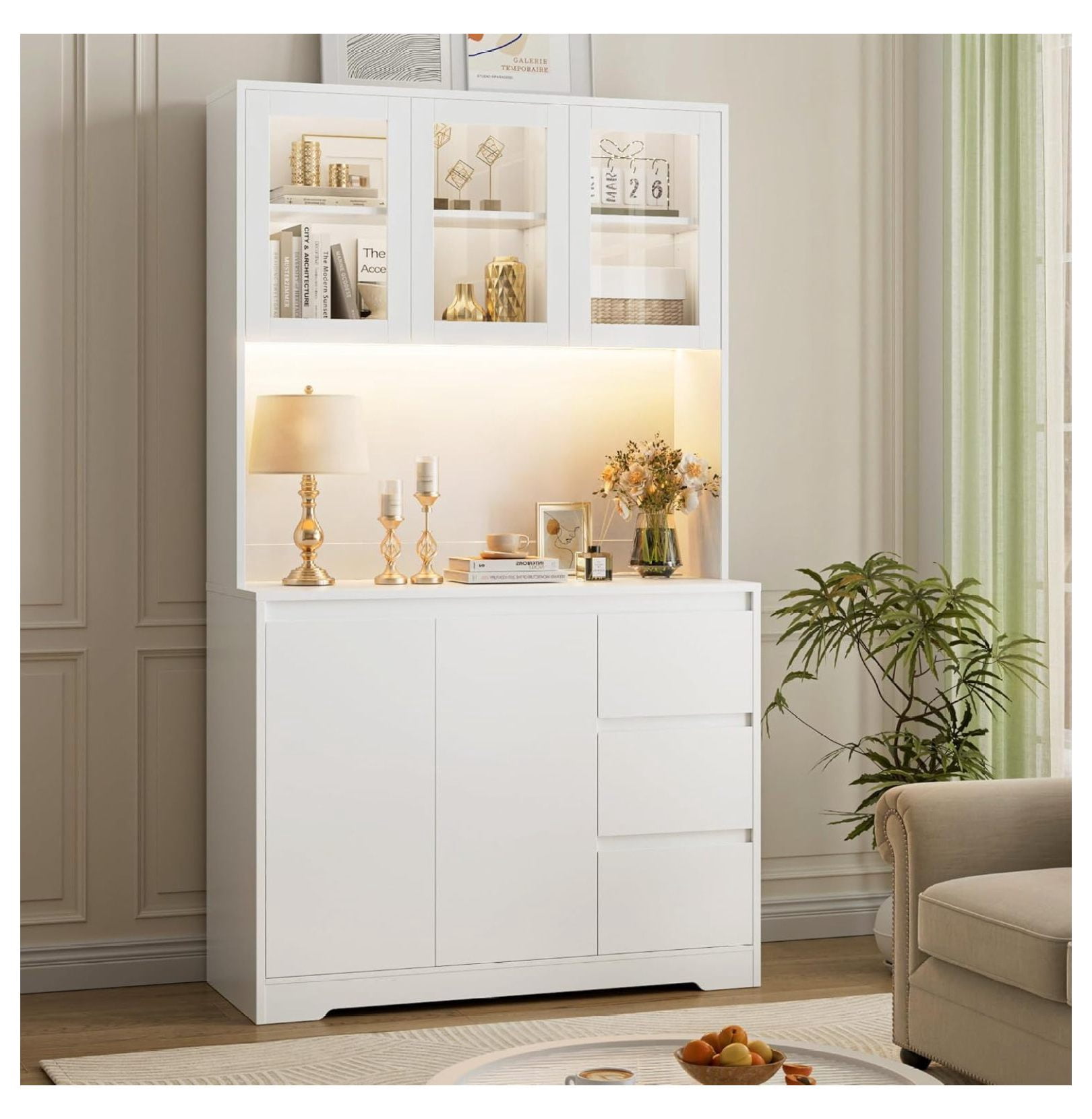 Exlonjet 71" Tall Kitchen Pantry Cabinet with LED Lights and Charging ...