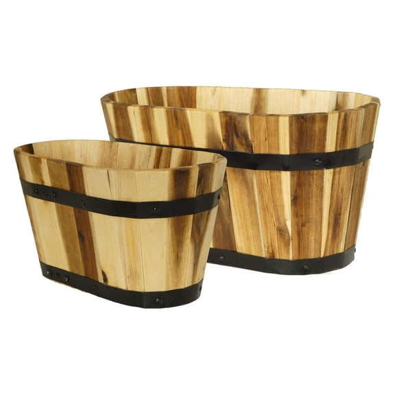Exlonjet Acacia Wood Oval Half-Barrel Planters with Metal Band, Assorted Sizes (Set of 2)
