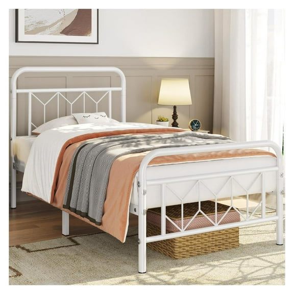 Exlonjet Bed Frames Metal Platform Bed with Vintage Headboard/Mattress Foundation/No Box Spring Needed/Under Bed Storage/Strong Slat Support White Bed