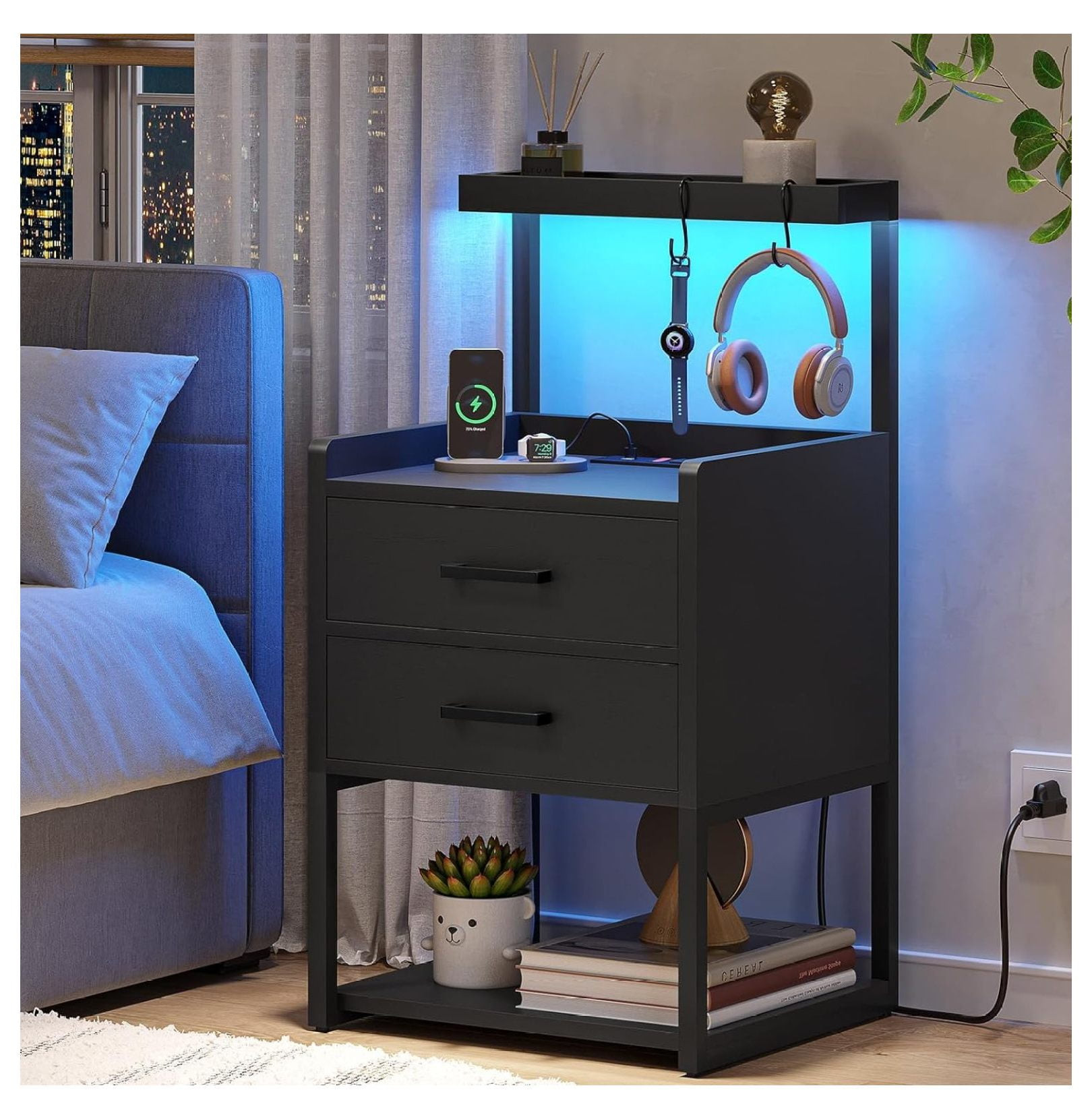 Exlonjet Black Night Stand with Charging Station, LED Night Stand with ...
