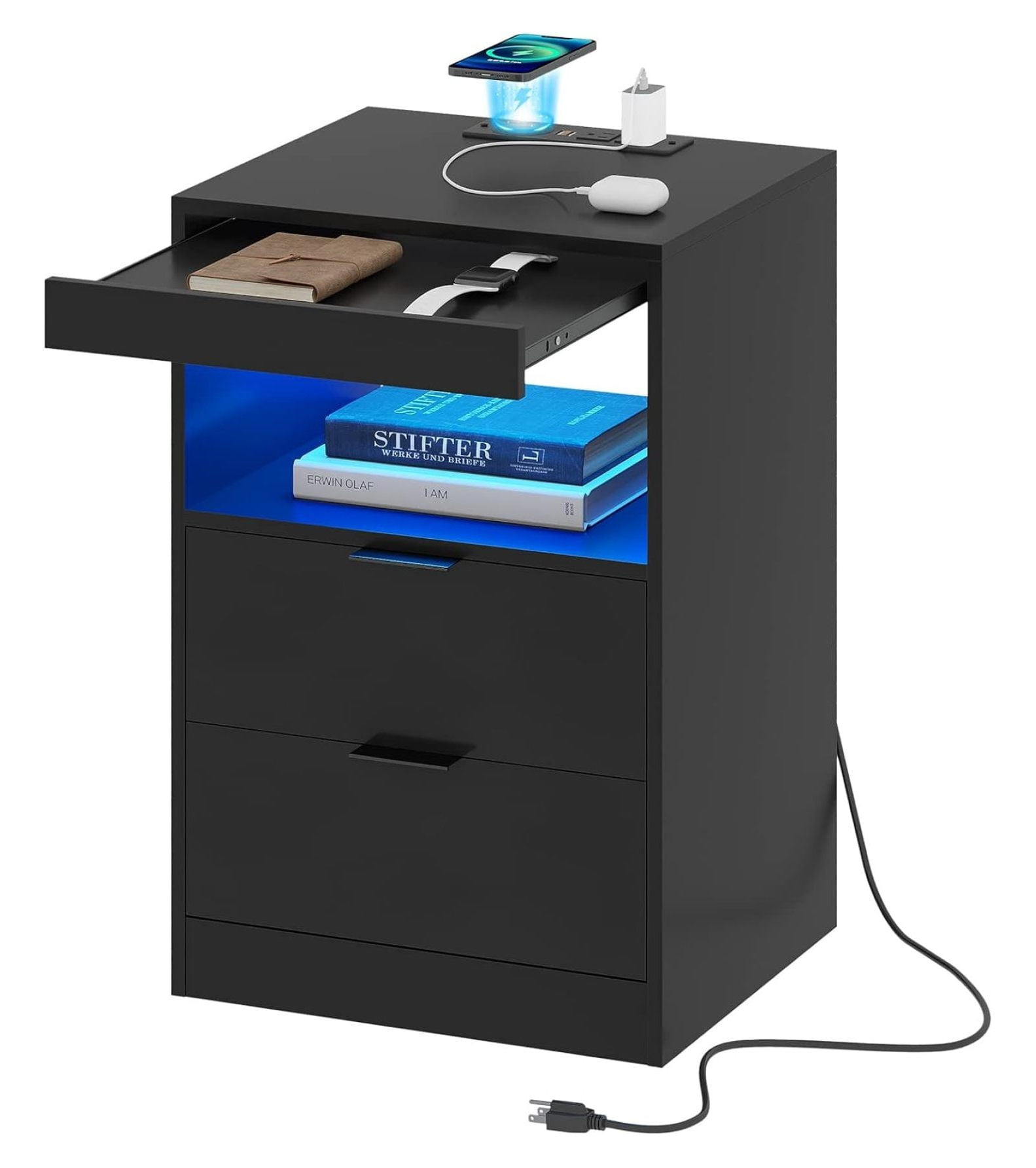 Black Nightstand with Wireless Charging, LED Lights, 2 Drawers