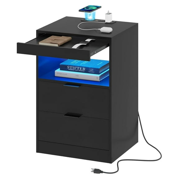 Exlonjet Black Nightstand with Wireless Charging Station and LED Lights, Bedside Table with 2 Drawers, Open Storage, 1 Pull-Out Tray, End Side Table with Charging Station, LED Night Stand with Storage