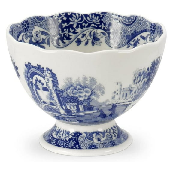 Exlonjet Blue Italian Footed Bowl | Made of Porcelain | Berries, Sweets, and Chocolate Bowl | Scalloped Edge | Measures 4.75-Inch | Dishwasher and Microwave Safe