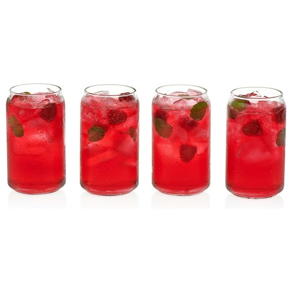 Exlonjet Classic Can Glasses Set of 4, Clear Kitchen Glassware Sets for Beverages and Cocktails, Lead-, Cute Drinking Glasses, 16-Ounce