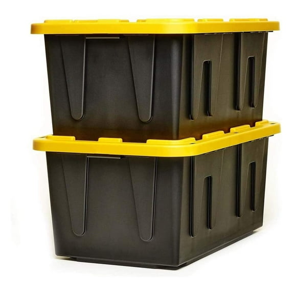 Exlonjet Durabit 27 Gallon Stackable Home Storage Container Bins Heavy Duty Opaque Base Organization Totes with Snap On Lid, 2 Pack, Black and Yellow