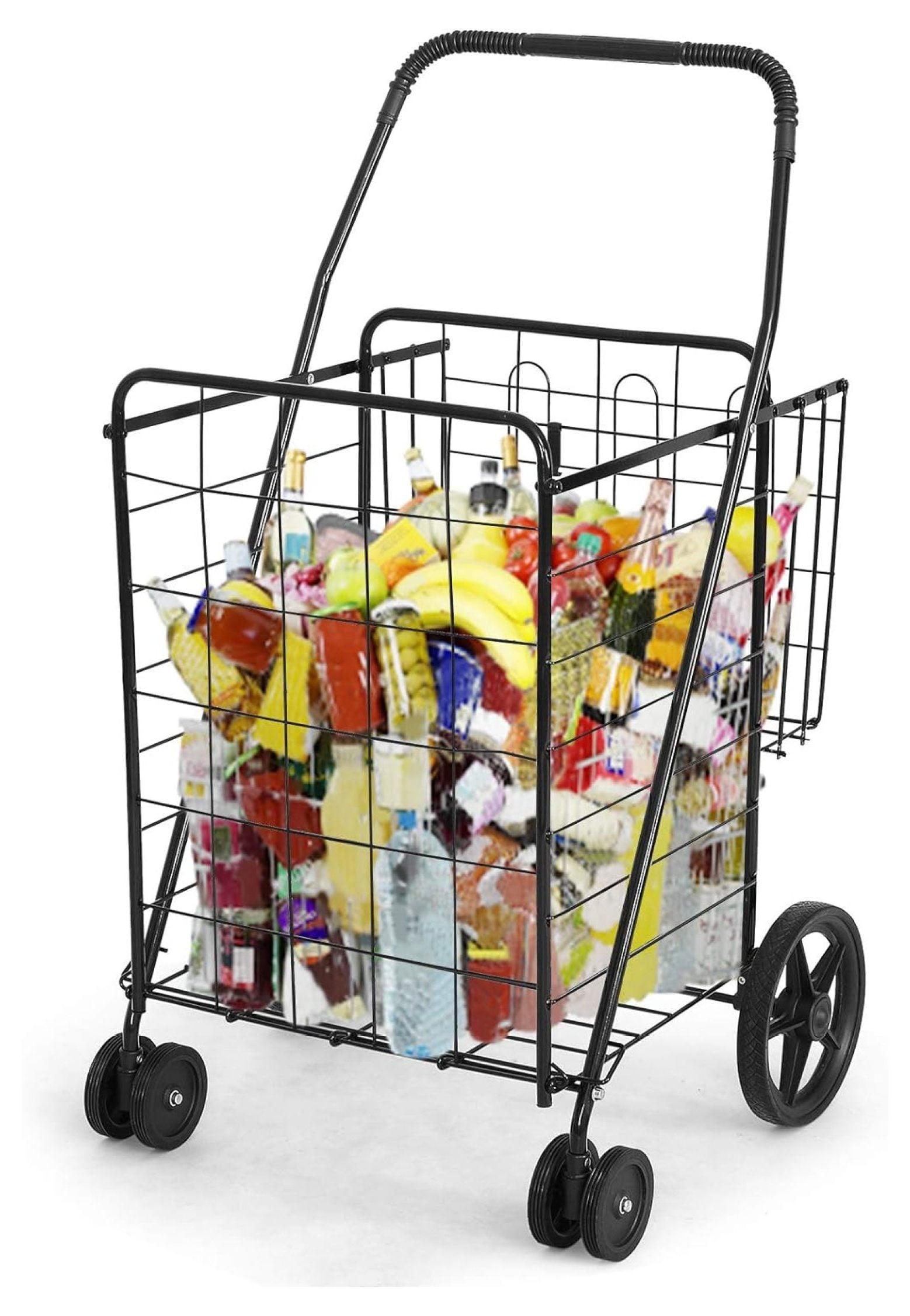 Black Metal Folding Utility Cart with Dual Baskets and Swivel Wheels