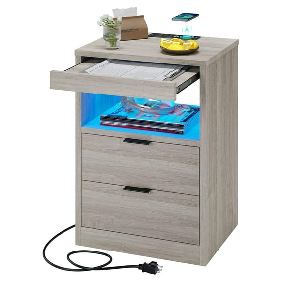Exlonjet LED Nightstand with Wireless Charging Station, Farmhouse Nightstand with LED Light, Rustic End Table Side Table with Drawers, Pull-Out Tray and Open Storage, Grey Wood Grain